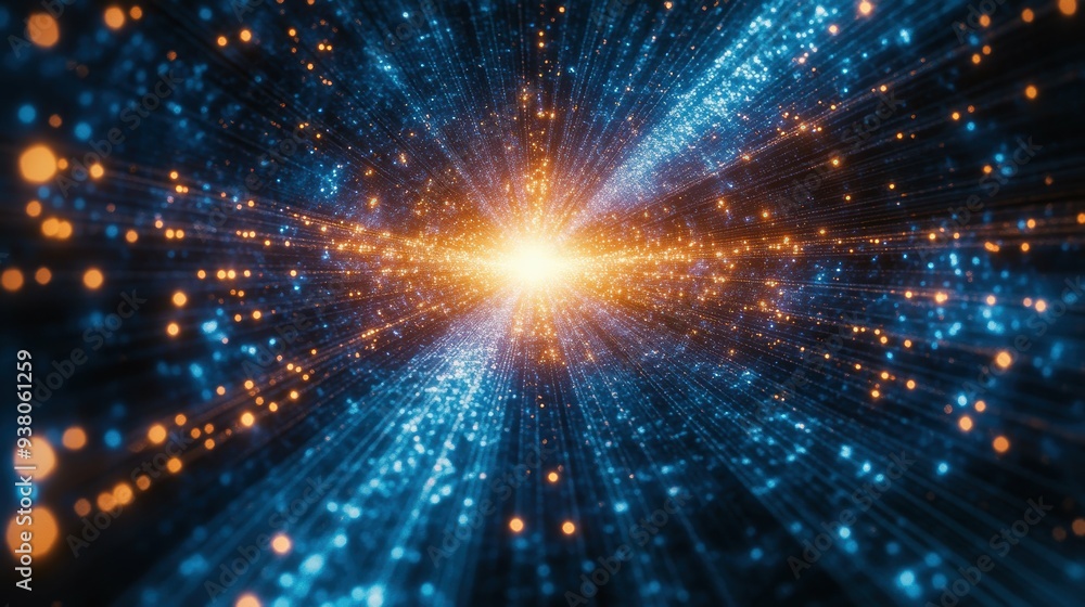 Obraz premium Radial burst of light forming a sunburst chart on a deep blue cosmic grid