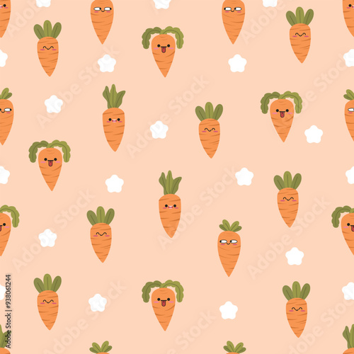 Hand drawn cute kawaii carrot seamless pattern with many expression. Suitable for use for children's and baby designs and also printed on fabrics for clothes, t-shirts, blankets, baby bibs etc