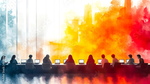 Tranquil Virtual Classroom: Serene Watercolor Illustration of Students Engaged in Online Learning
