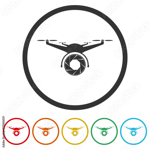 Drone lens logo. Set icons in color circle buttons