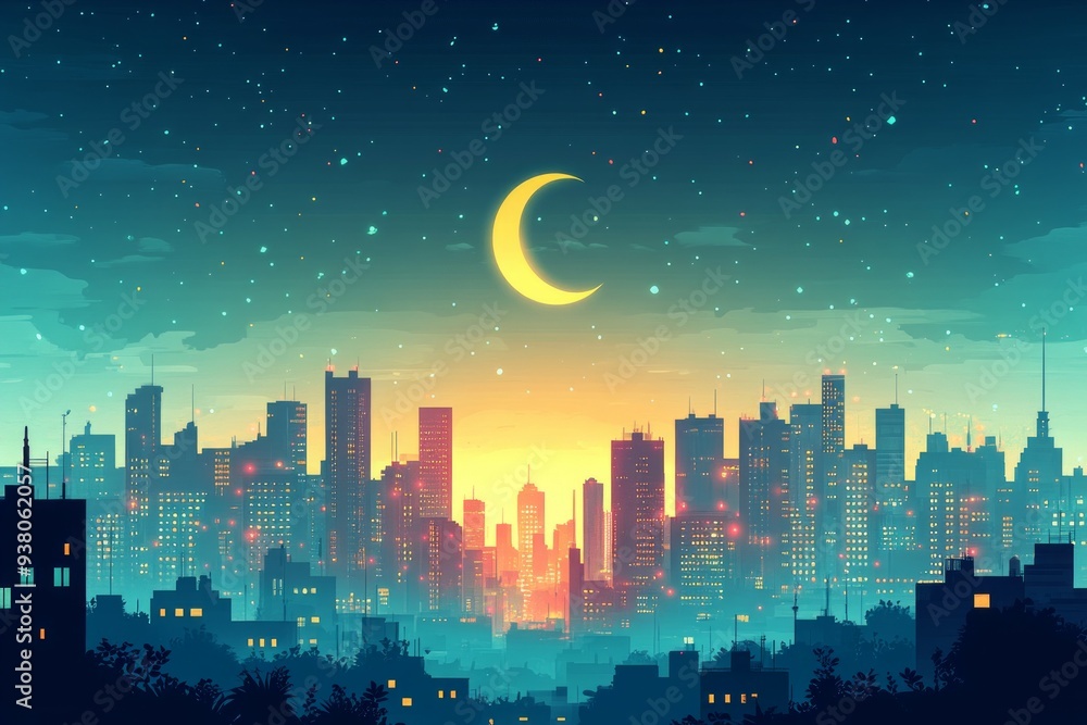 Crescent Moon Urban Skyline Islam Religion Spiritual Symbol Crescent Moon Urban Skyline Islam Religion Spiritual Symbol