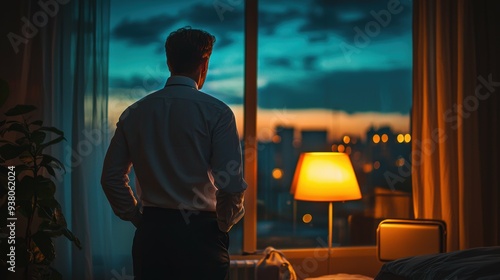 Exhausted Businessman Packing Luggage for Late-Night Business Trip Stressfully photo