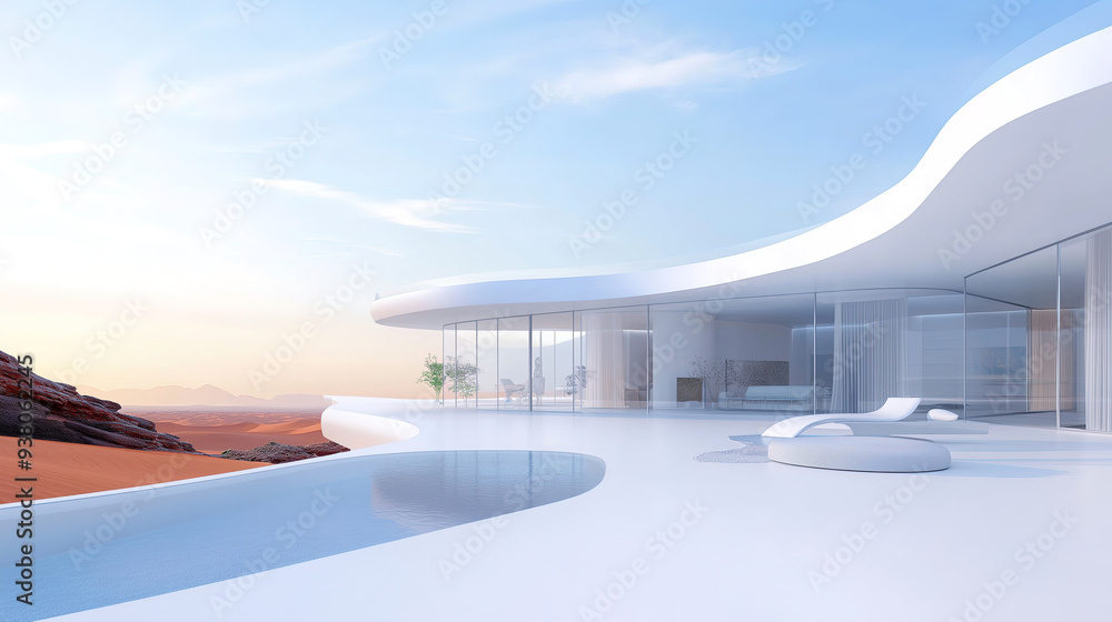 White luxury modern villa in desert at sunset, designed in streamlines White luxury modern villa in desert at sunset, designed in streamlines