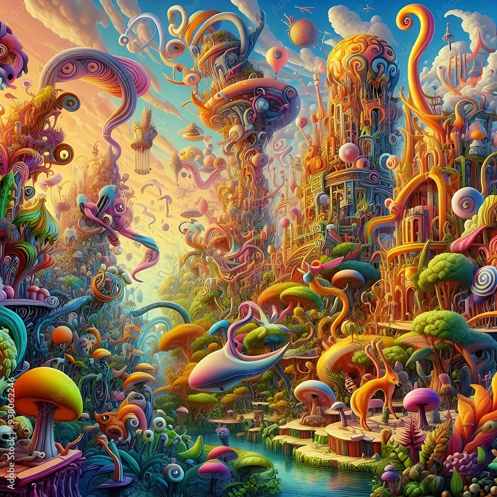 Fototapeta premium A colorful fantastic world with magical plants and trees and strange animals in the stunning forest, surrealist landscape view on rainbow sky