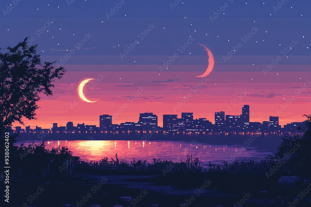 Crescent Moon Urban Skyline Islam Religion Spiritual Symbol Crescent Moon Urban Skyline Islam Religion Spiritual Symbol