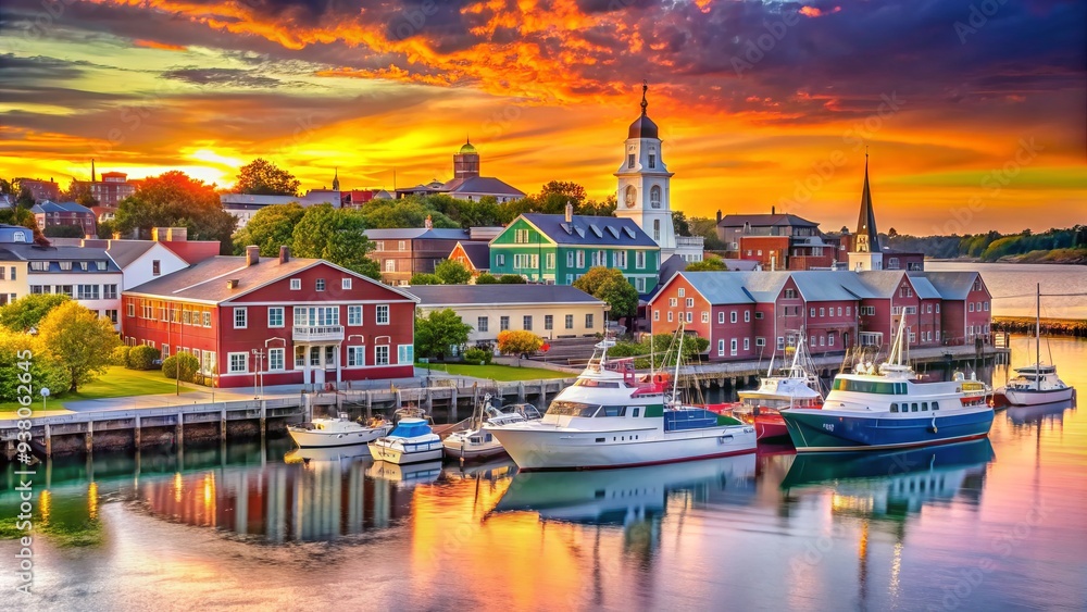 Fototapeta premium Vibrant waterfront scene in South Portland, Maine, featuring colorful buildings, sailboats, and a picturesque ferry terminal along the Fore River at sunset.