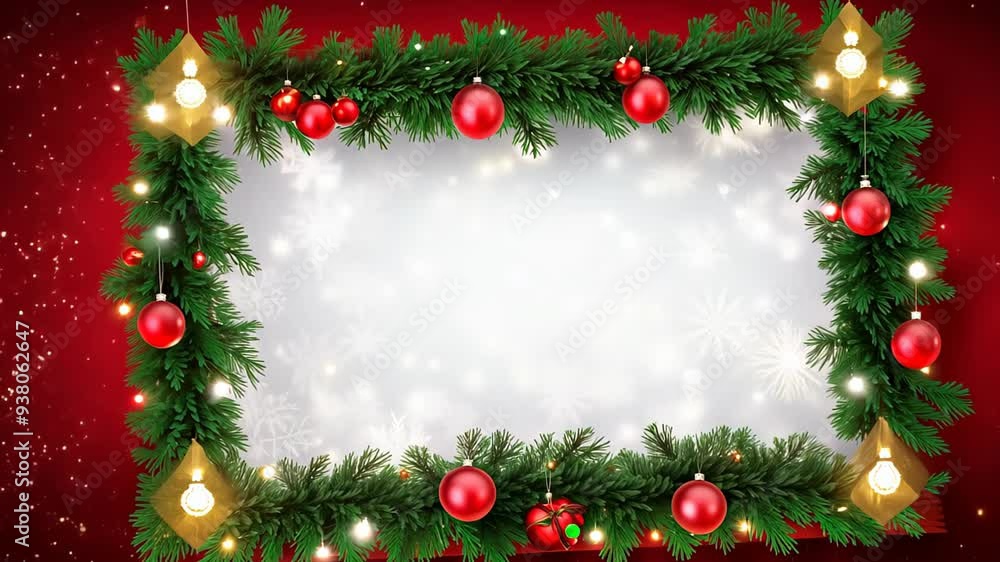 Christmas garland rectangle on spruce branches framing empty space on light background, copy space Christmas garland rectangle on spruce branches framing empty space on light background, copy space