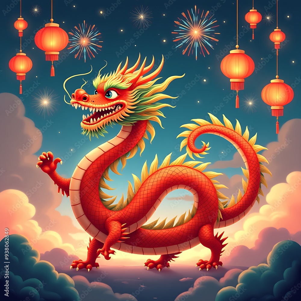 Obraz premium Festive Chinese New Year cartoon greeting card design with cute Chinese dragon on the cloud with lanterns and fireworks on night sky, Chinese New Year concept