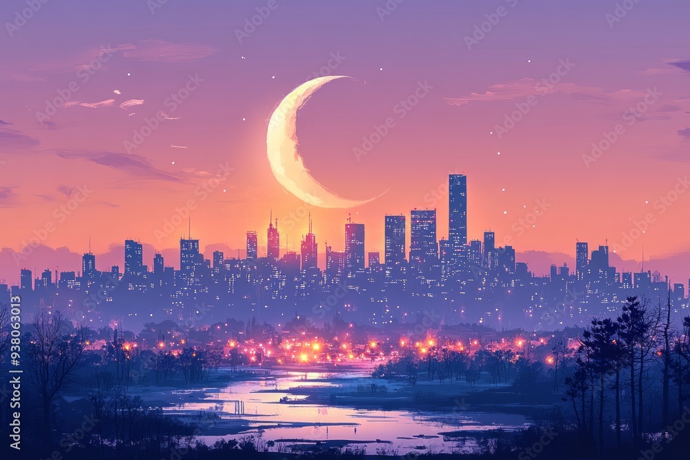 Fototapeta premium Crescent Moon Urban Skyline Islam Religion Spiritual Symbol