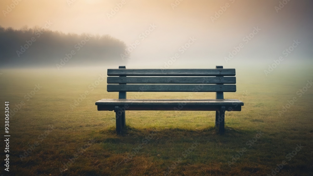 One lonely bench sits in a middle of one foggy field. One lonely bench sits in a middle of one foggy field.