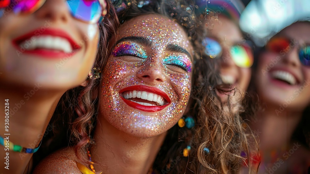 Cheerful group with glittery makeup and red lips capturing a moment at a pride parade Cheerful group with glittery makeup and red lips capturing a moment at a pride parade