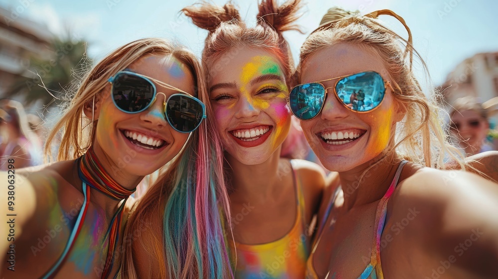 Joyful group selfie of models with rainbow-inspired makeup at a color run event Joyful group selfie of models with rainbow-inspired makeup at a color run event