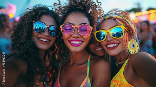 Fashionable models with neon makeup posing for a group selfie at a summer music festival photo