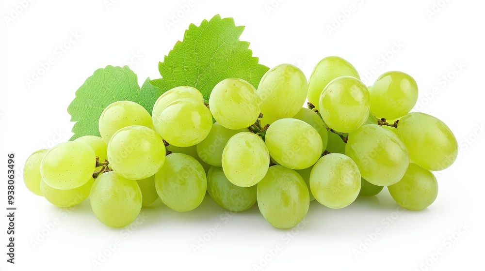 A cluster of fresh green grapes with leaves isolated on a white background. A cluster of fresh green grapes with leaves isolated on a white background.