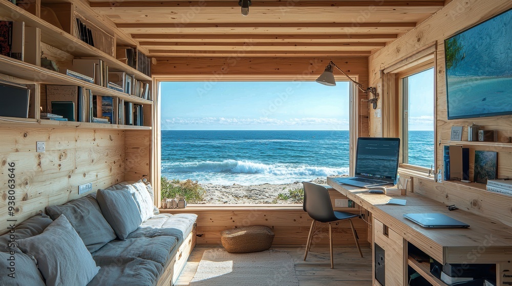 Fototapeta premium Serene Inspiration: Freelance Writer Sparking Creativity in a Beachfront Tiny House