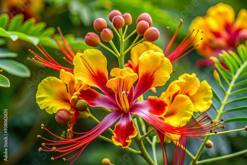 Vibrant yellow petals with delicate red edges unfurl from a dark brown center, showcasing the exotic beauty of the Caesalpinia pulcherrima flower. photo