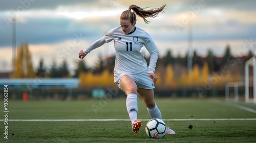 Woman in Soccer Uniform  A woman in a professional soccer uniform kicking a ball on a field. 