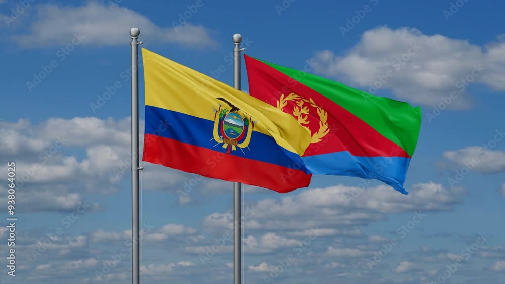 Eritrea and Ecuador flags flying together, video concept of the relationship, two country cooperation concept Eritrea and Ecuador flags flying together, video concept of the relationship, two country cooperation concept