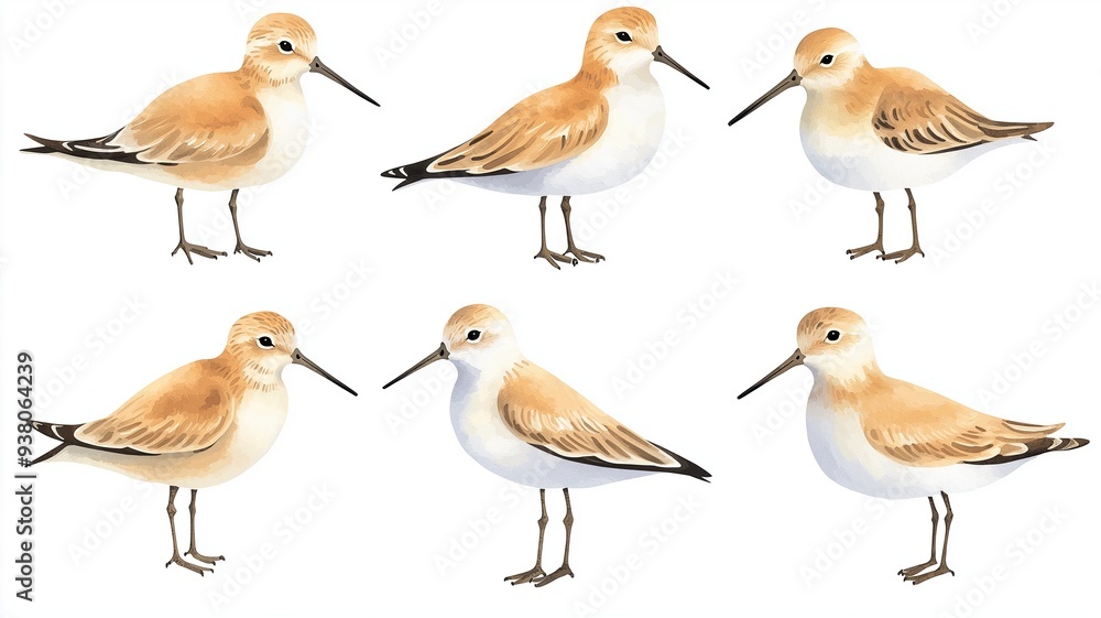 Set of sandpipers, shorebirds, various postures, isolated, white background, Watercolor style Set of sandpipers, shorebirds, various postures, isolated, white background, Watercolor style