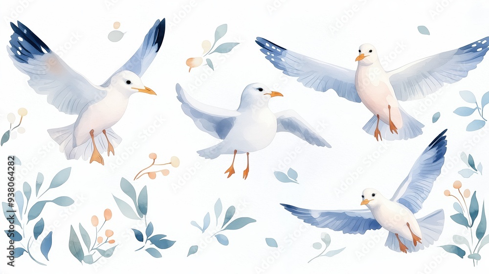 Obraz premium Set of seagulls, soaring and perched, isolated, white background, Watercolor style