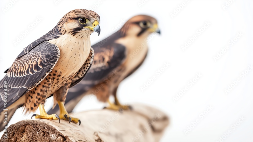 Set of falcons, poised to fly, isolated, white background Set of falcons, poised to fly, isolated, white background