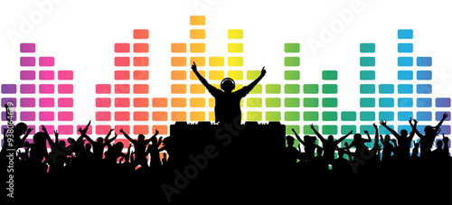 Dj playing music for party people cheering with colorful equalizer background. Vector illustration
