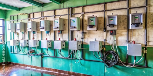 Vital electrical regulators mounted on a wall at a public health center in Karanganyar, Central Java, Indonesia, ensuring essential medical services remain operational.