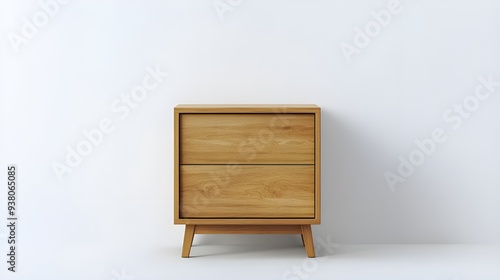 On a white background a simple, minimalist wooden nightstand or small dresser.