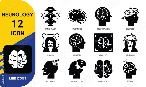 Neurology icons such as Alzheimer's disease, Parkinson, insomnia, epilepsy and more. Editable stroke.
