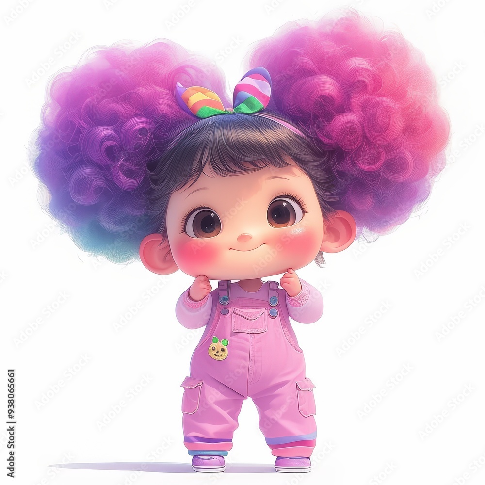 Cute cartoon girl with big pink hair, wearing pink overalls and a colorful bow. Cute cartoon girl with big pink hair, wearing pink overalls and a colorful bow.