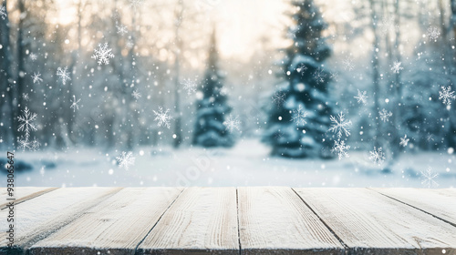 Empty white wooden table with a blurred winter Christmas background for product display or montage. 