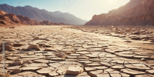 A barren, dry riverbed with cracked soil, Global warming. photo