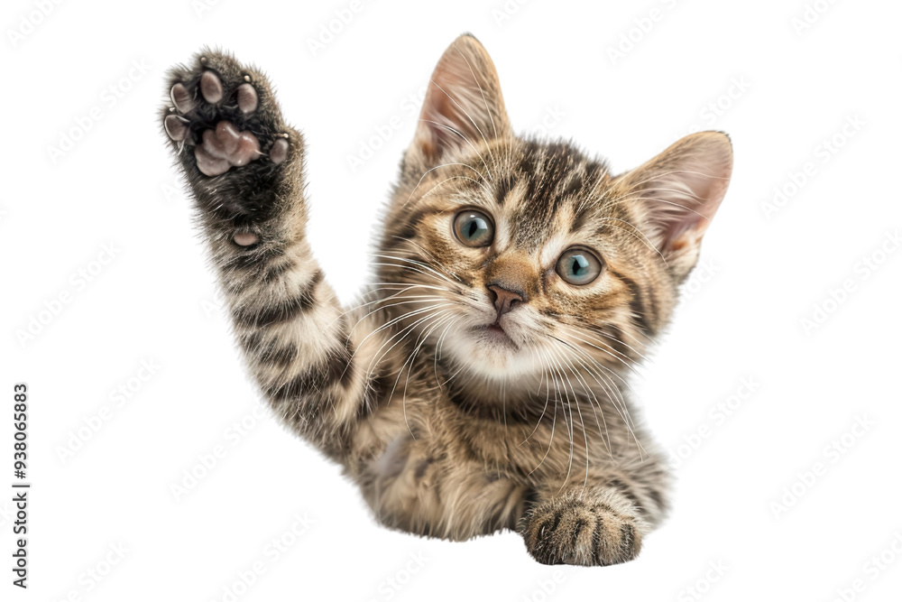 Closeup of a cat with paw raised for a high five, PNG, detailed fur, playful and energetic, expressive and cute Closeup of a cat with paw raised for a high five, PNG, detailed fur, playful and energetic, expressive and cute