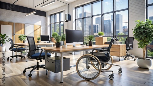 Wheelchair-accessible office workspace with adaptive technology and ergonomic furniture, creating an inclusive and supportive environment for employees with disabilities.