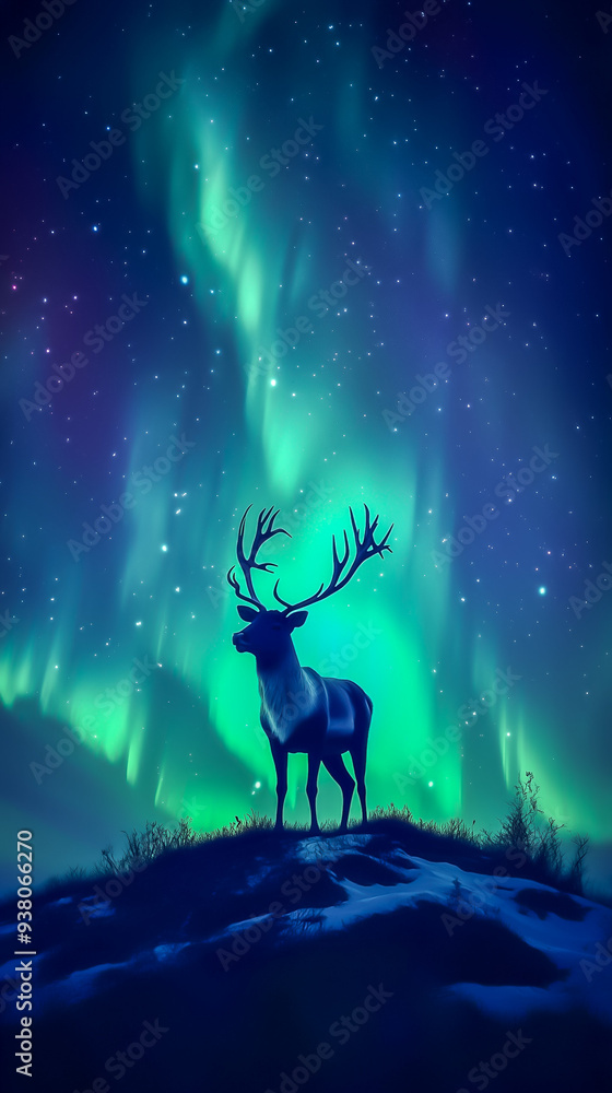 A majestic silhouette of a reindeer standing alone on a hill, set against the mesmerizing backdrop of the Northern Lights. The sky is awash with vibrant shades of blue, green, and teal A majestic silhouette of a reindeer standing alone on a hill, set against the mesmerizing backdrop of the Northern Lights. The sky is awash with vibrant shades of blue, green, and teal