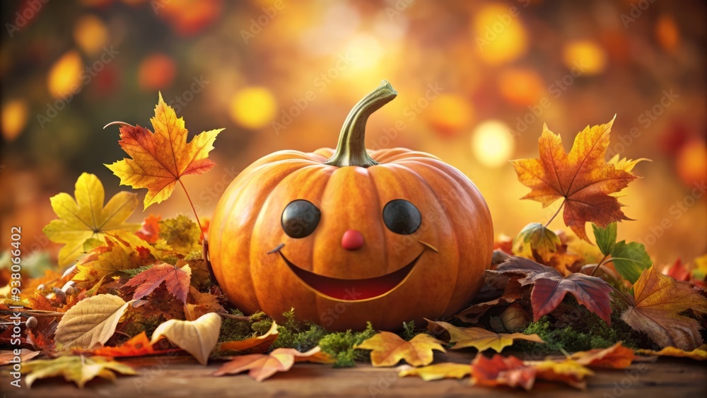 Whimsical illustration of a smiling pumpkin amidst a fall foliage background, surrounded by vines and leaves, perfect for autumnal branding and seasonal designs. Whimsical illustration of a smiling pumpkin amidst a fall foliage background, surrounded by vines and leaves, perfect for autumnal branding and seasonal designs.