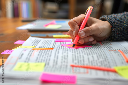 Editor marking corrections on printed manuscript, red pen and post-it notes in hand. photo