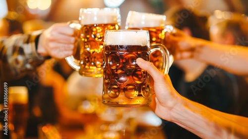 A group of friends holding beer mugs and glasses cheering and toasting together at a lively gathering in a bar or pub setting