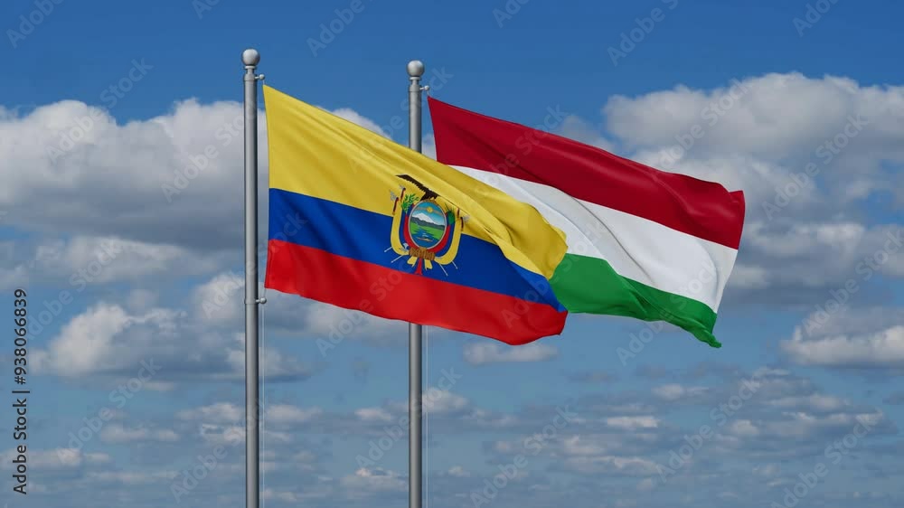 Hungary and Ecuador flags flying together, video concept of the relationship, two country relations concept Hungary and Ecuador flags flying together, video concept of the relationship, two country relations concept