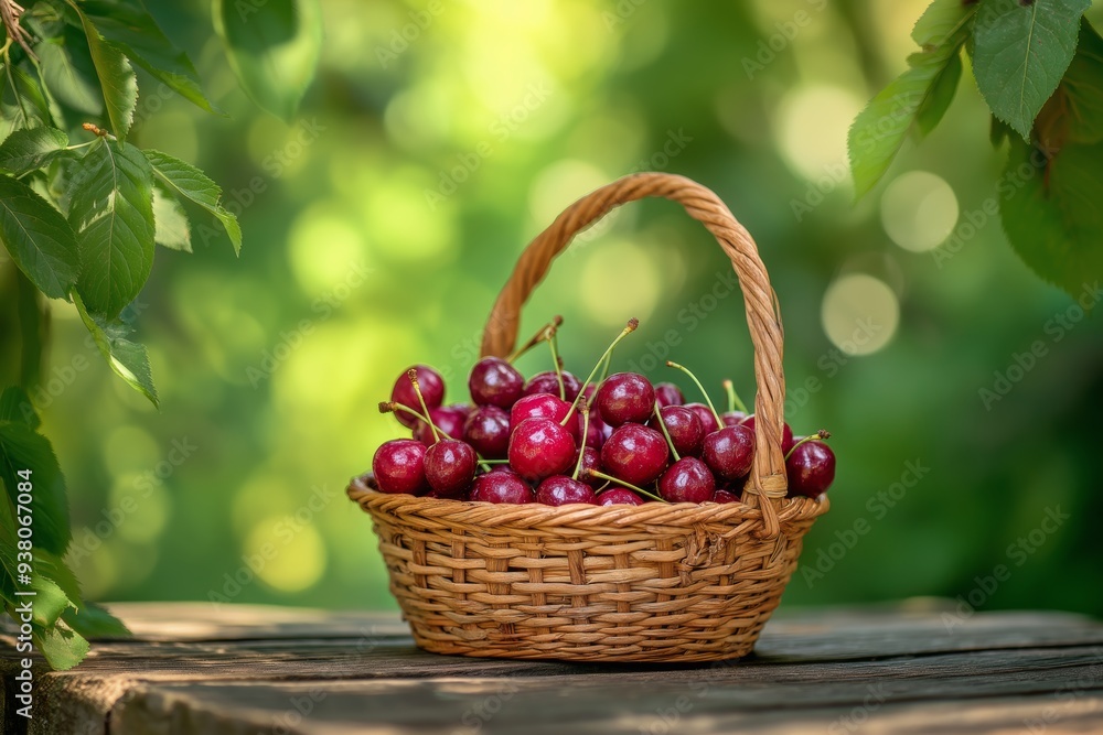 Vibrant basket of fresh ripe cherries resting on a wooden table surrounded by lush garden beauty Vibrant basket of fresh ripe cherries resting on a wooden table surrounded by lush garden beauty