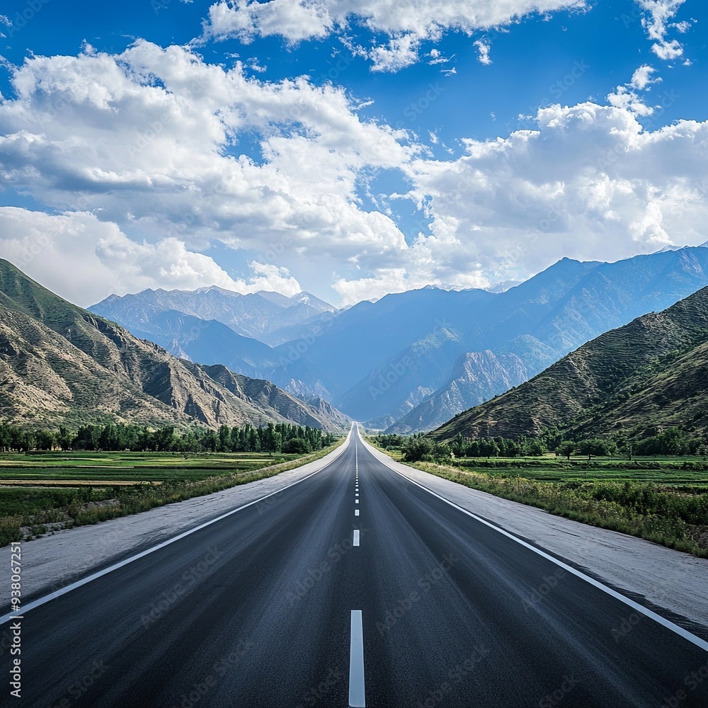 Naklejka premium Empty highway asphalt road and beautiful sky mountain landscape