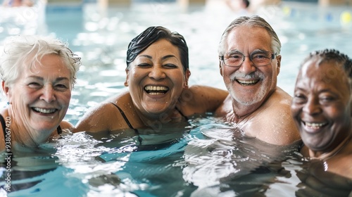 Happy group of multi ethnic mature and elderly people enjoying a fun and relaxing swim together in an outdoor pool during a summer vacation or leisure time They are smiling splashing