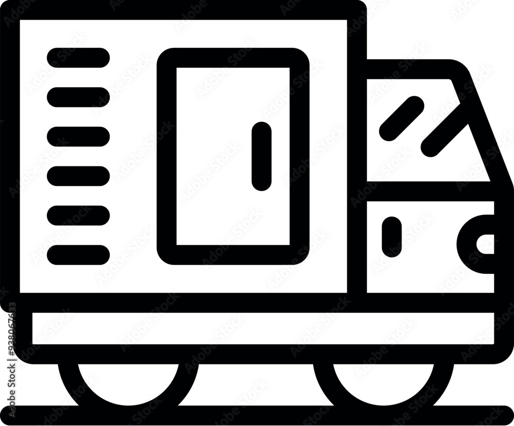 Line art icon of a truck transporting a power generator, essential for providing electricity in remote locations or during outages Line art icon of a truck transporting a power generator, essential for providing electricity in remote locations or during outages