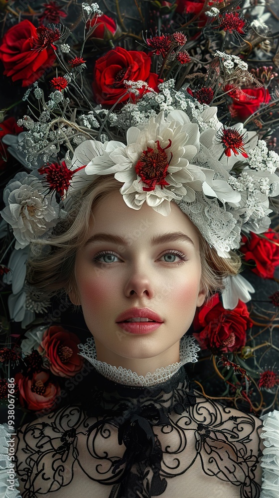 Portrait of a Woman with Red and White Flowers Portrait of a Woman with Red and White Flowers
