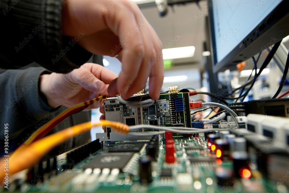 IT technician fixing computer, cables and hardware components on workbench. IT technician fixing computer, cables and hardware components on workbench.