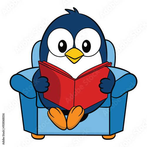 Vector cartoon cute penguin reading book sitting on a sofa
