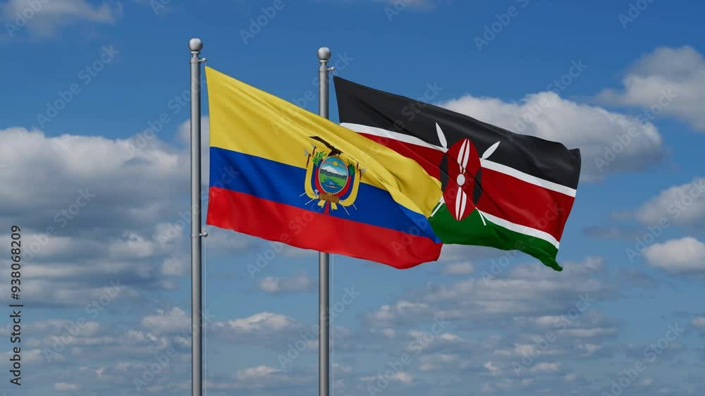 Kenya and Ecuador flags flying together, video concept of the relationship, two country relations concept Kenya and Ecuador flags flying together, video concept of the relationship, two country relations concept