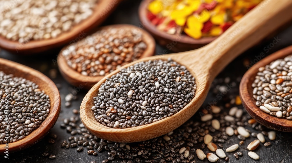 A wooden spoon filled with chia seeds, placed on a textured surface surrounded by other edible seeds. A wooden spoon filled with chia seeds, placed on a textured surface surrounded by other edible seeds.