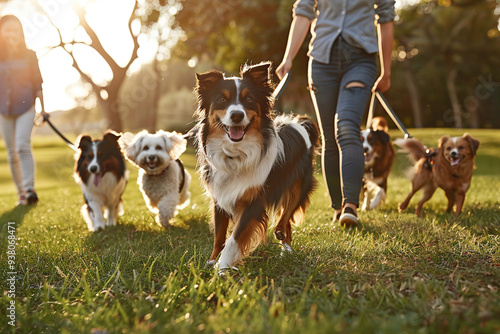 Dog walker leading pack, leashes and happy dogs in urban park. photo