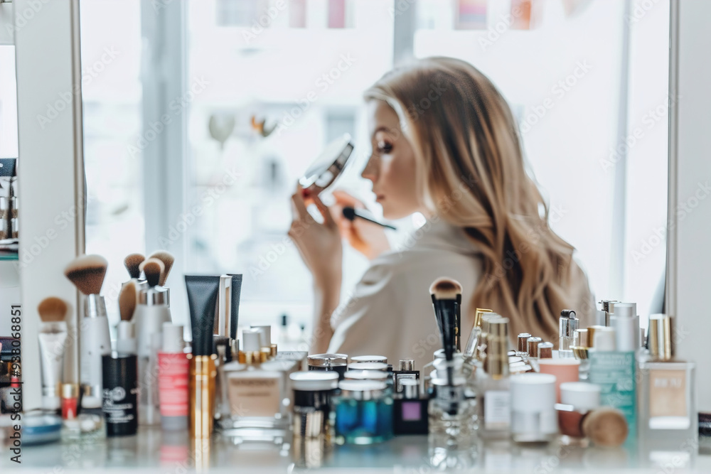 Makeup artist applying cosmetics, stylish studio with beauty products. Makeup artist applying cosmetics, stylish studio with beauty products.